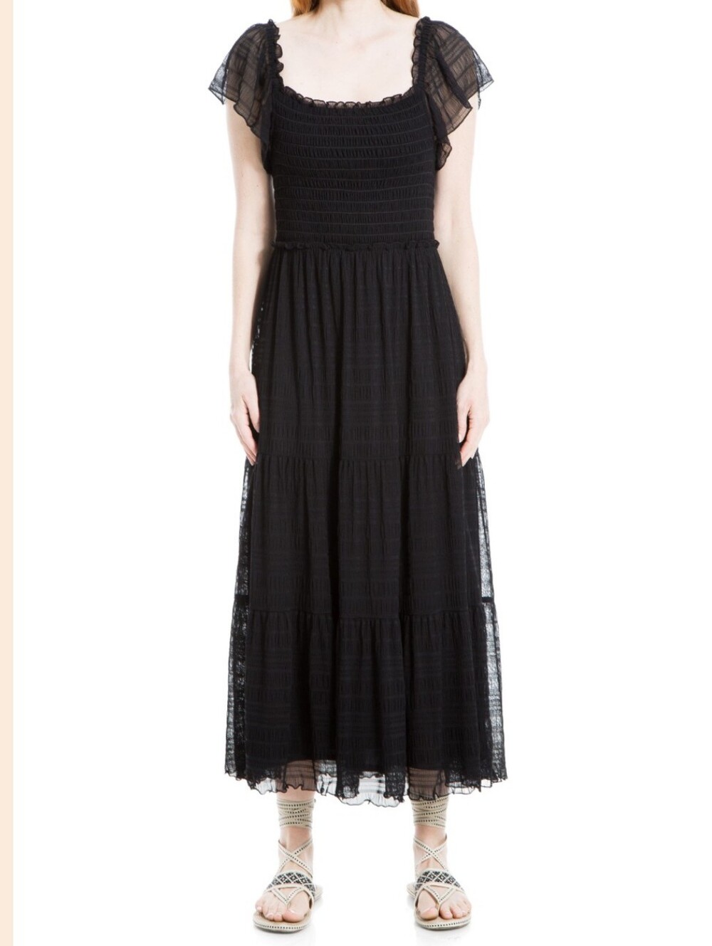 Max Studio Black Flutter Sleeve Smocked Summer Goth Midi Dress Size L